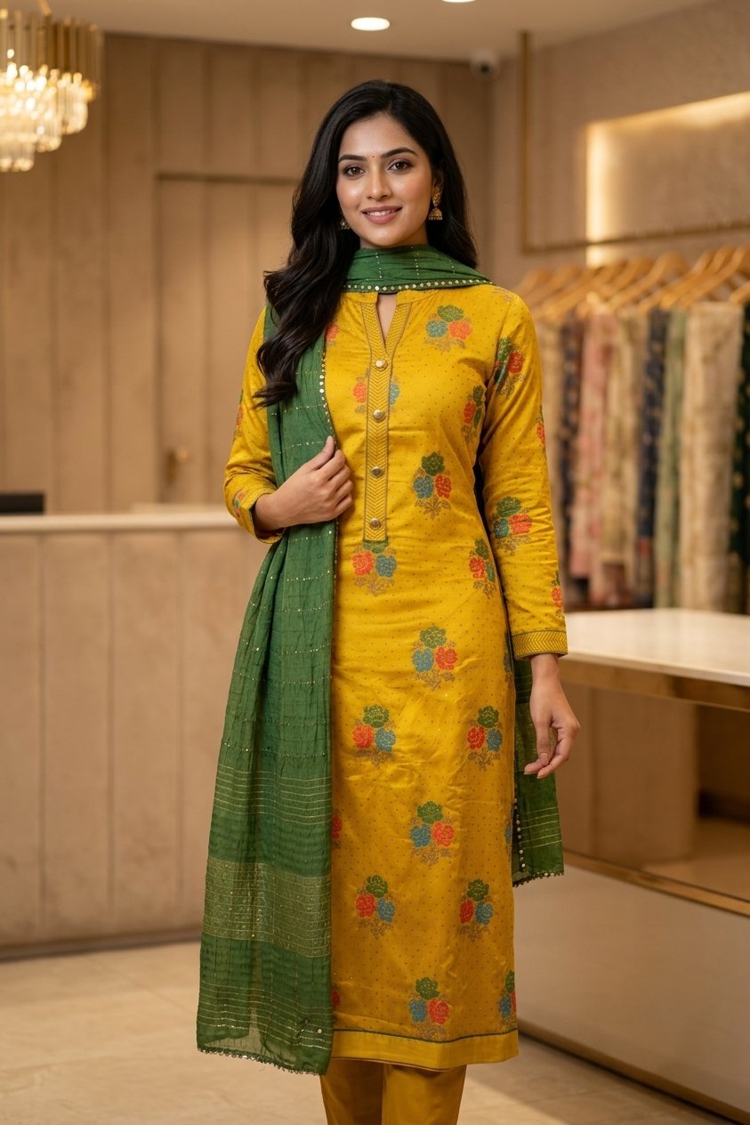 Mustard Yellow Floral Printed Cotton Suit Set with Green Dupatta