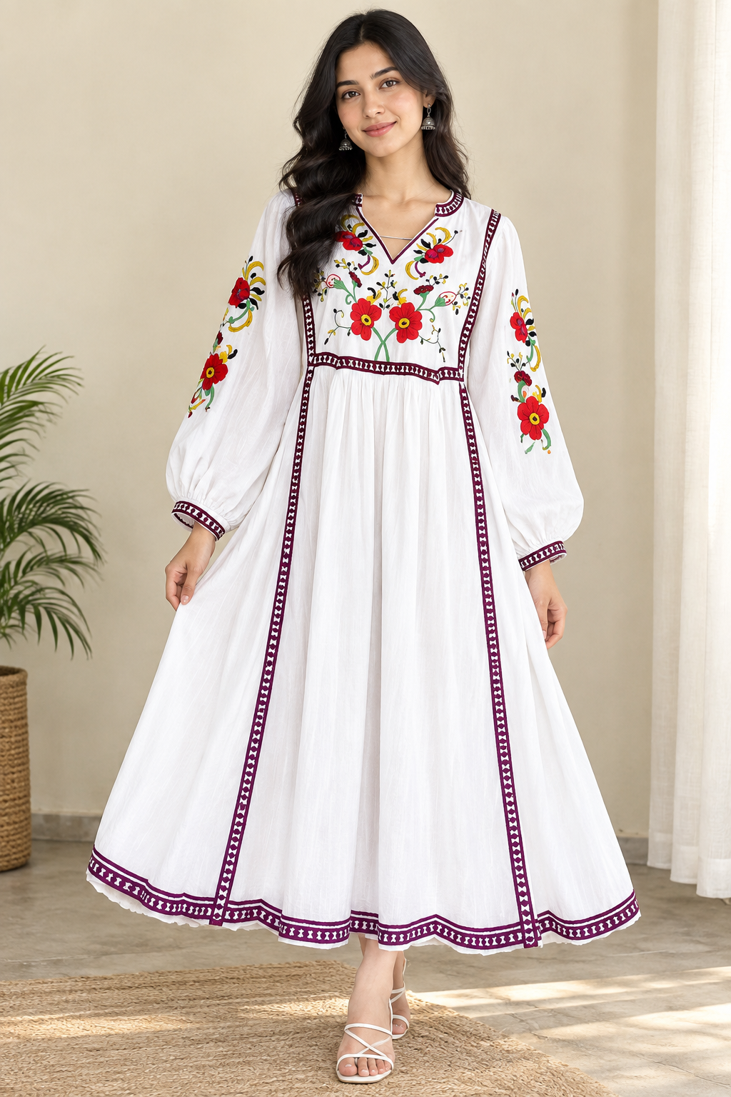 White Floral Embroidered Anarkali Dress